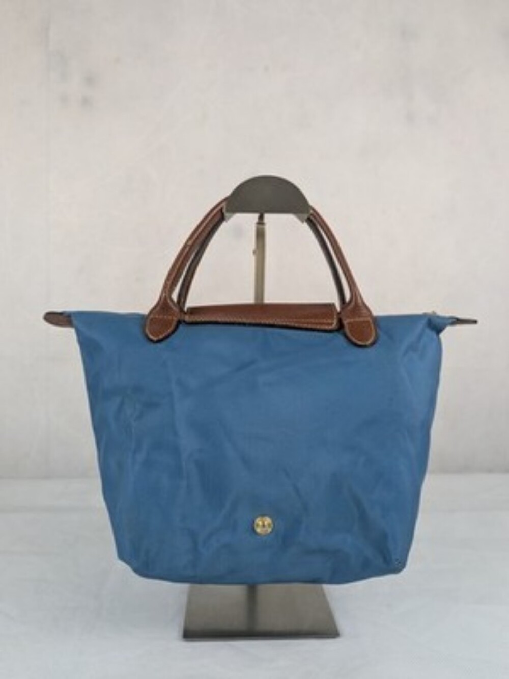 Longchamp Le Pliage Small Blue Nylon Top Handle Tote Bag Brown Leather Trim CC